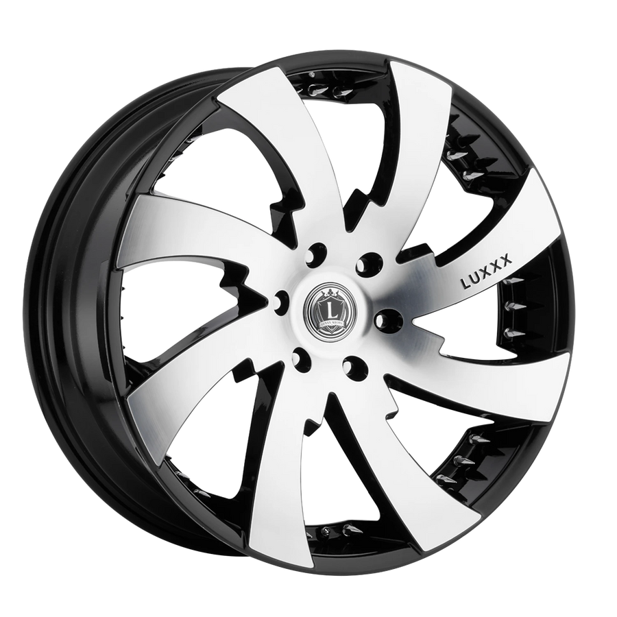 LUX12 22X9.5 6X139.7 +25 78.1 Gloss Black w/ Chrome Spike Rivets