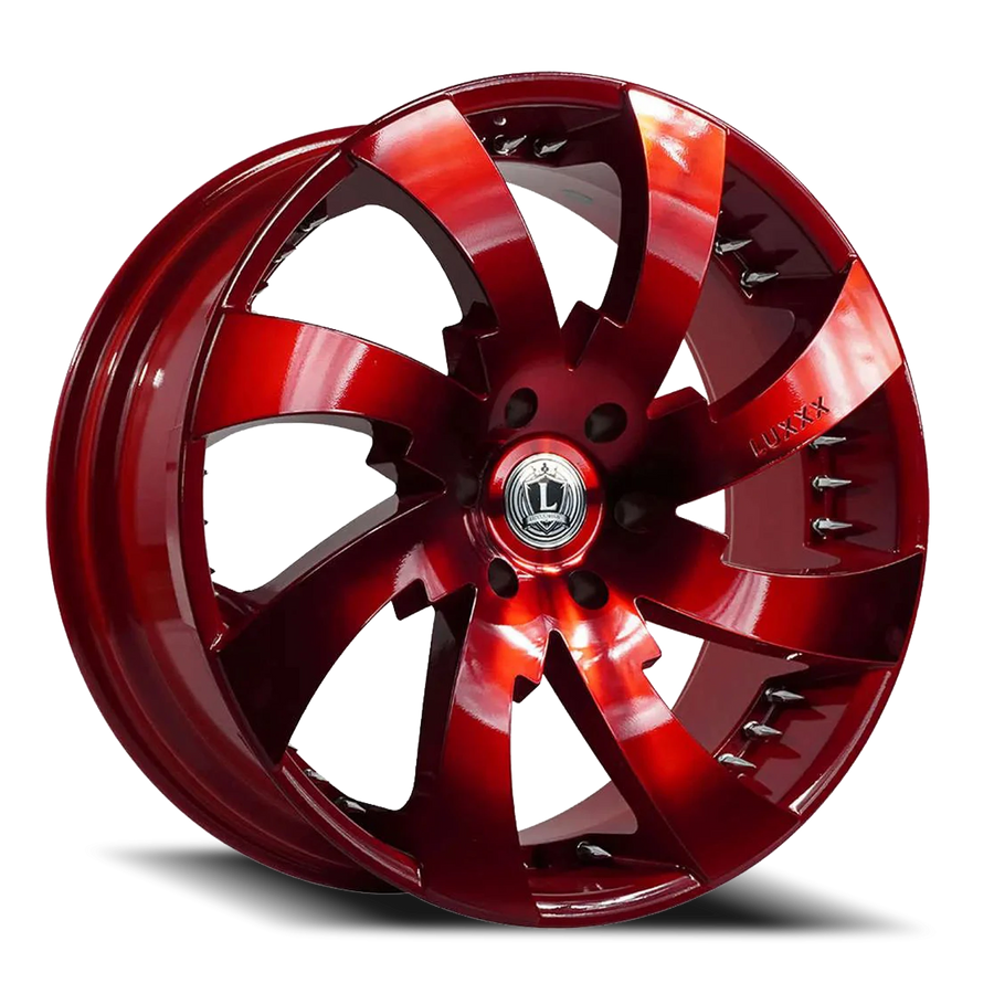 LUX12 22X9.5 6X139.7 +25 78.1 Neon Red w/ Chrome Spike Rivets