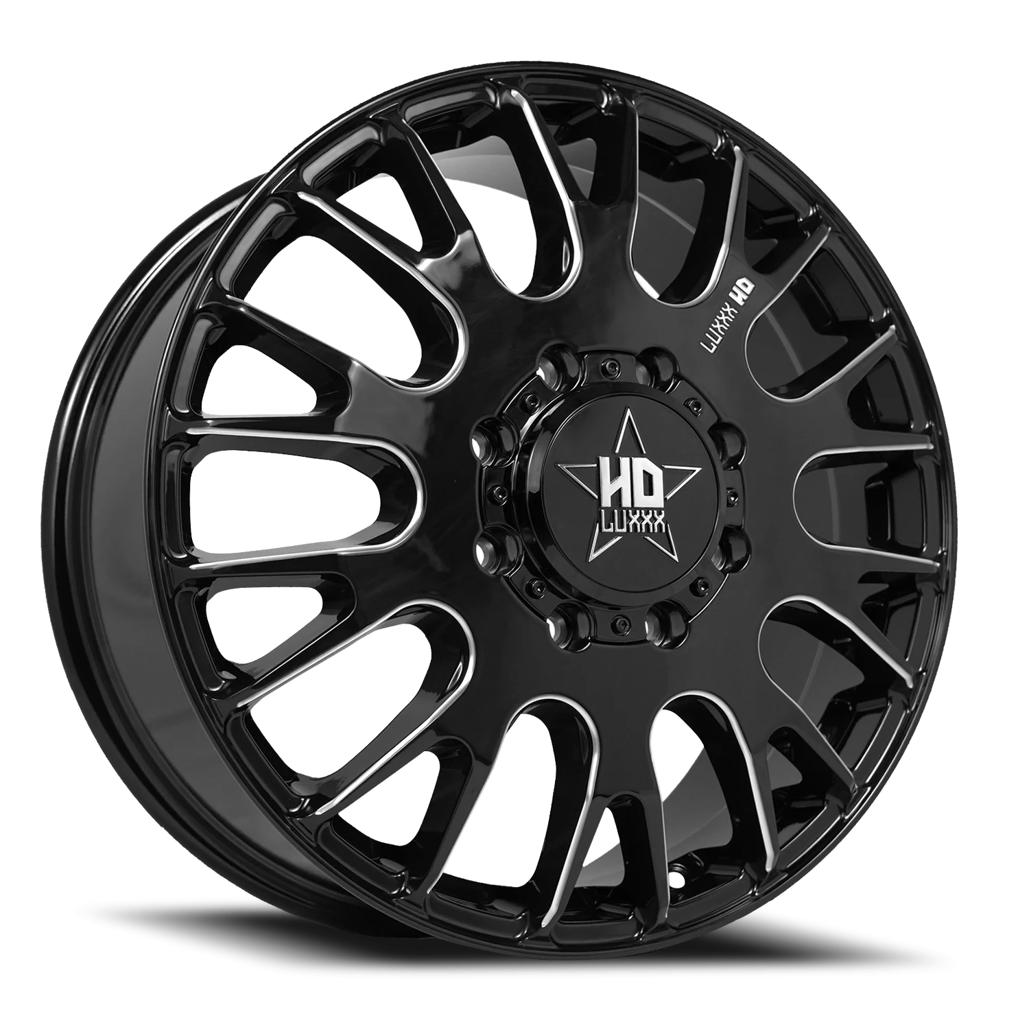 DUALLY HD34 17x6.5 8X165 +129 121.3 Gloss Black Milled (Front)