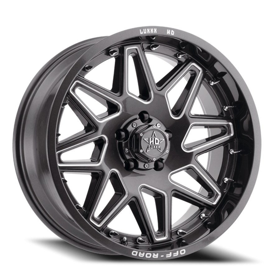 LHD17 20X9 5X127 -12 78.1 Lava Gray Milled w/ Chrome Spike Rivets