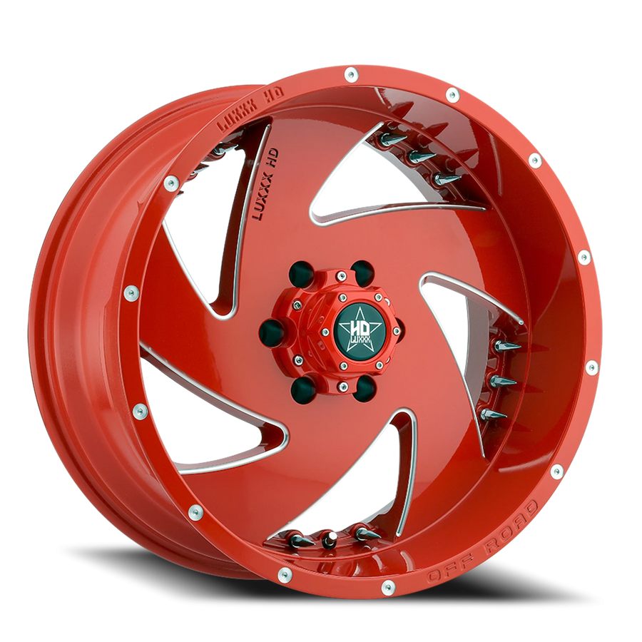 LHD6 20X10 6X139.7 -18 106.1 Red Milled w/ Chrome Spike Rivets
