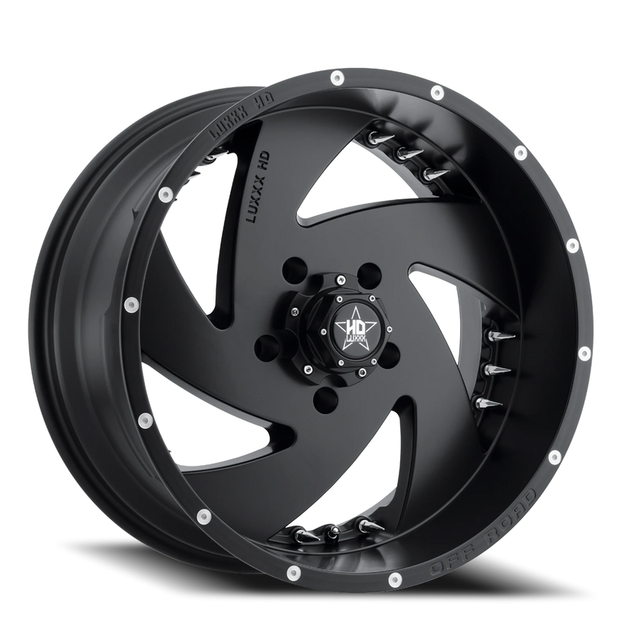 LHD6 22X12 6X139.7 -44 106.1 Satin Black w/ Chrome Spike Rivets
