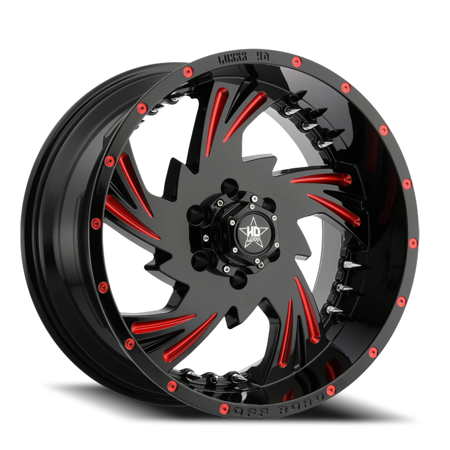 LHD7 20X10 5X139.7 -18 78.1 Gloss Black Red Milling w/ Chrome Spike Rivets