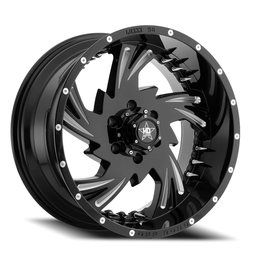 LHD7 22X12 6X135 -44 87.1 Gloss Black Milled w/ Chrome Spike Rivets