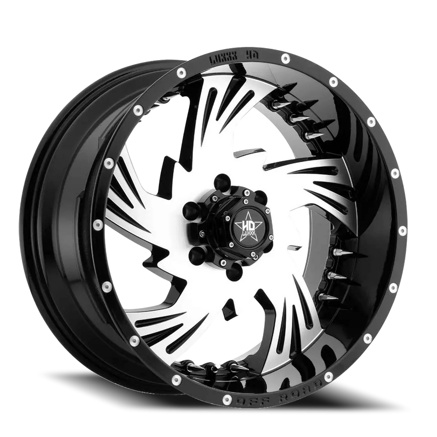 LHD7 20X10 5X139.7 -18 78.1 Gloss Black Machined Face w/ Chrome Spike Rivets