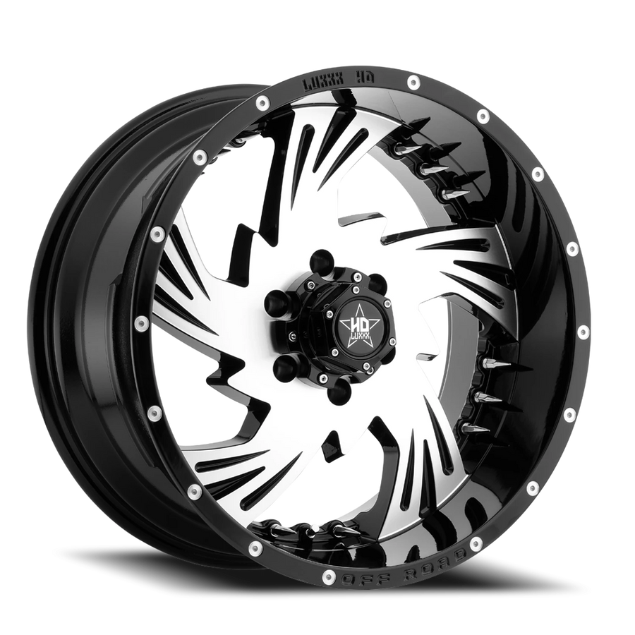LHD7 20X12 6X139.7 -44 106.1 Gloss Black Machined Face w/ Chrome Spike Rivets
